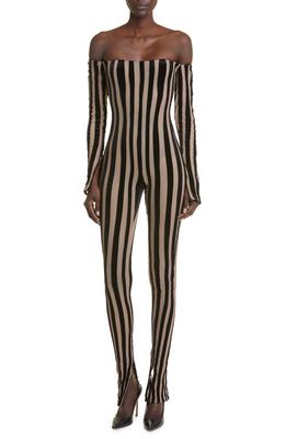 LaQuan Smith Velvet Stripe Off the Shoulder Mesh Catsuit in Nude/Black