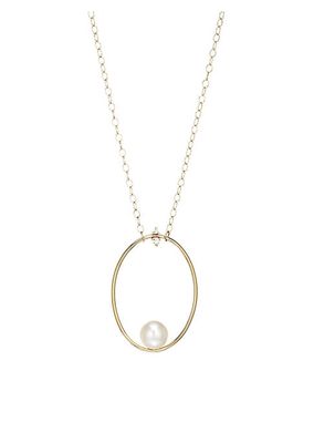 Large 14K Yellow Gold, Floating 10MM Freshwater Pearl & Diamond Oval Pendant Necklace