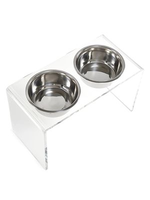 Large Clear Double Bowl Pet Feeder - Silver - Silver