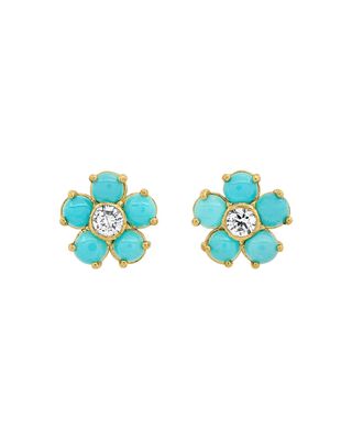 Large Diamond Center Flower Stud Earrings with Turquoise