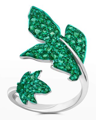 Large Green Rhodium and Emerald Folha Ring