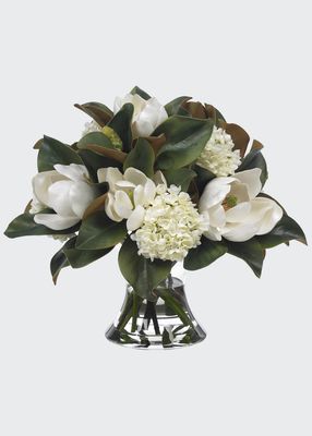 Large Magnolia & Hydrangea 18" Faux Florals in Glass Vase
