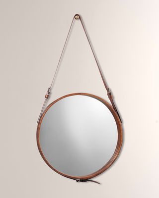 Large Round Mirror in Brown Leather