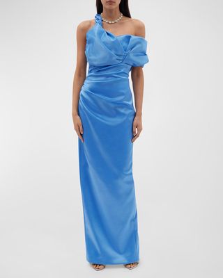 Larna Draped One-Shoulder Column Gown