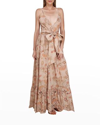 Las Canadas Floral Eyelet Belted Wrap Maxi Dress