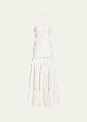 Lasercut Cotton Poplin Maxi Halter Dress