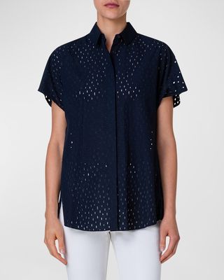 Lasercut Grid Cotton Popeline Collared Shirt