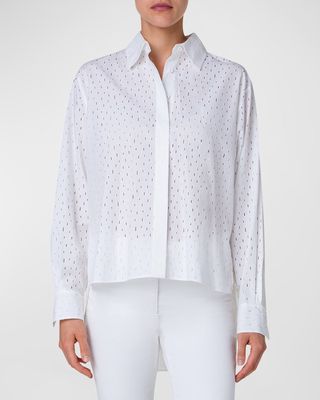 Lasercut Grid Cotton Popeline High-Low Collared Shirt