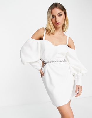 Lashes Of London cold shoulder volume sleeve embellished cut out mini dress in white