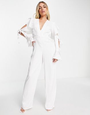 Lashes Of London long sleeve plunge front cut out waist wide leg jumpsuit in white