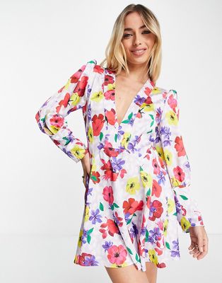 Lashes Of London plunge front skater dress in multi floral print