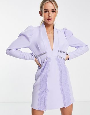 Lashes Of London puff sleeve lace and embellished mini blazer dress in lilac-Purple