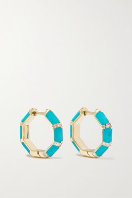 L'Atelier Nawbar - Bamboo 18-karat Gold, Turquoise And Diamond Hoop Earrings - one size