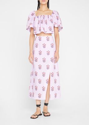 Latika Floral Linen Midi Split Skirt