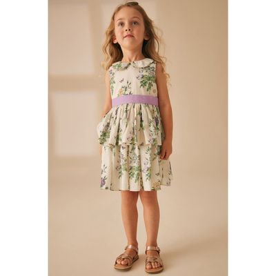 Laura Ashley Kids' Floral Tiered Cotton Dress in Cream /Purple 