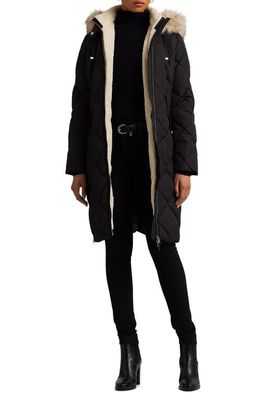Lauren Ralph Lauren Down & Feather Fill Coat with Faux Fur Trim Detachable Hood in Black