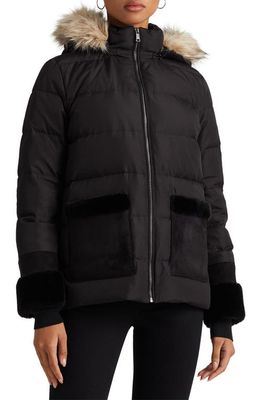 Lauren Ralph Lauren Down & Feather Puffer Jacket with Faux Fur Trim in Black