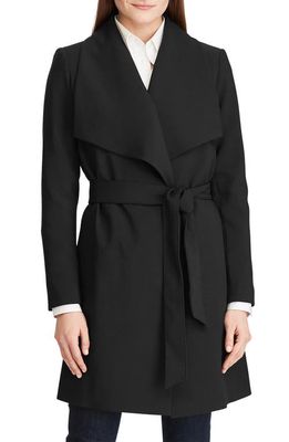 Lauren Ralph Lauren Drape Lapel Crepe Belted Coat in Black
