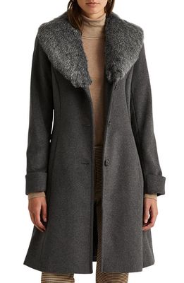 Lauren Ralph Lauren Faux Fur Shawl Collar Wool Blend Coat in Light Heather