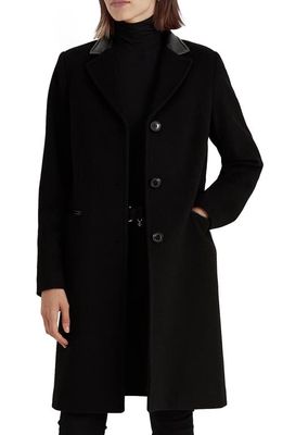 Lauren Ralph Lauren Faux Leather Trim Wool Blend Coat in Black