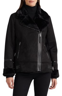 Lauren Ralph Lauren Faux Shearling & Faux Leather Moto Jacket in Black