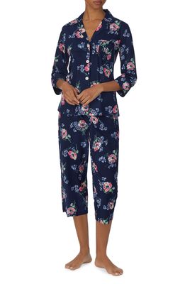 Lauren Ralph Lauren Floral Print Crop Cotton Pajamas in Navy Prt