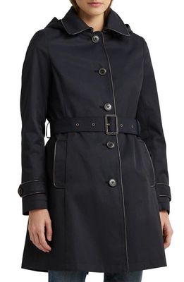 Lauren Ralph Lauren Hooded Belted Faux Leather Trim Trench Coat in Dark Navy