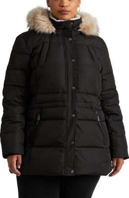 Lauren Ralph Lauren Icon Faux Fur Trim Quilted Down & Feather Fill Hooded Puffer Coat in Black