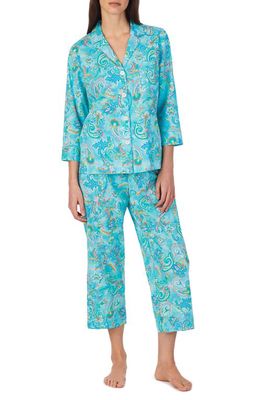 Lauren Ralph Lauren Stripe Crop Cotton Blend Pajamas in Turq/Prt