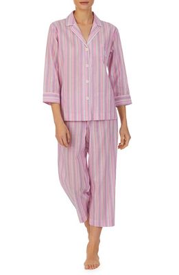 Lauren Ralph Lauren Stripe Three-Quarter Sleeve Cotton Blend Pajamas in Pink Stp