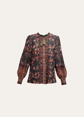 Laurena Floral-Print Burnout Pintuck Blouse
