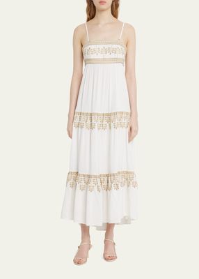 Lauretta Abstract-Embroidered Strapless Tiered Dress