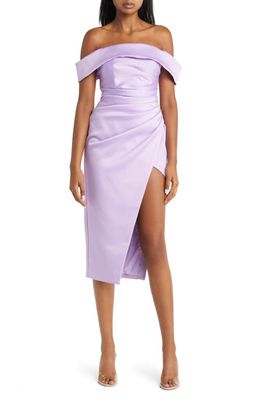 Lavish Alice Off the Shoulder Satin Dress in Lilac