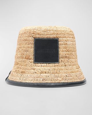 Le Bob Soli Raffia & Black Leather Bucket Hat