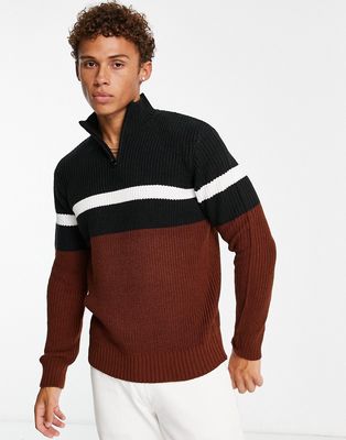 Le Breve color block ribbed 1/2 zip sweater in black & brown