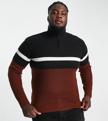 Le Breve Plus color block ribbed 1/2 zip sweater in black & brown