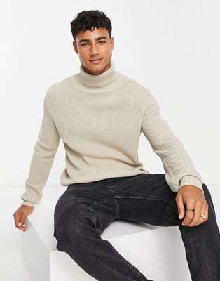 Le Breve ribbed turtleneck sweater in stone-Neutral