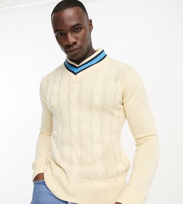 Le Breve Tall cable knit chunky contrast v neck sweater in ecru-White