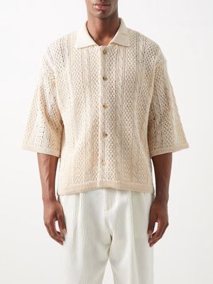 Le17septembre Homme - Cable-knit Linen-blend Short-sleeved Shirt - Mens - Cream