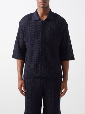 Le17septembre Homme - Short-sleeved Cable-knit Linen-blend Shirt - Mens - Navy
