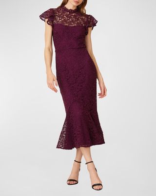 Lea Flutter-Sleeve Floral Lace Midi Dress