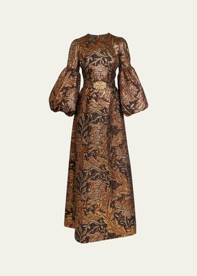 Leaf Brocade Puff-Sleeve Belted Gown