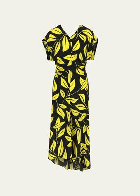 Leaf-Print Asymmetric Crepe Dress