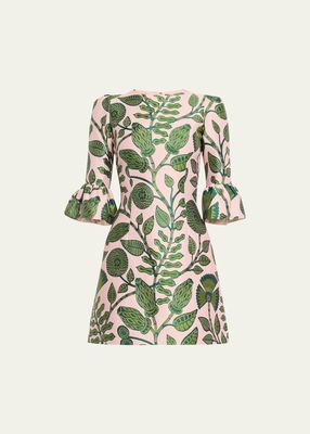 Leaf Print Flared-Sleeve Belted Mini Dress