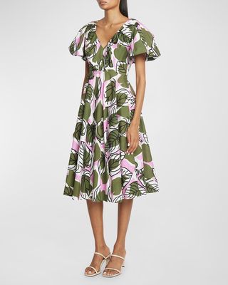 Leaf-Print Puff-Sleeve Fit-&-Flare Midi Dress