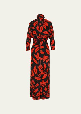 Leaf-Print Turtleneck Dress