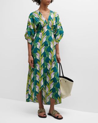 Leaf-Printed Katherine Satin Midi Dress