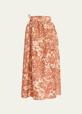 Leah Woodblock Botanic Print Self-Tie Midi Skirt