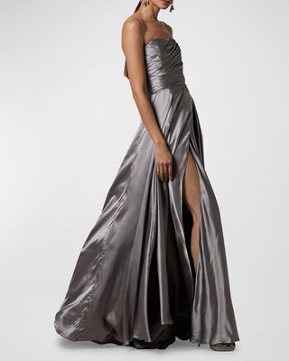 Lean Metallic Draped Strapless Slit Gown