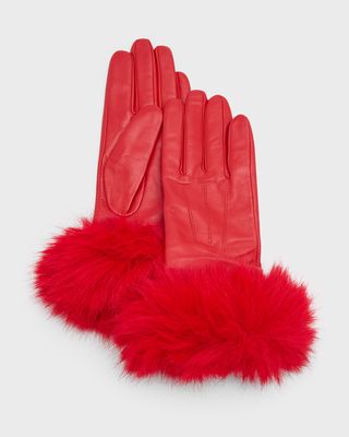 Leather & Cashmere Gloves With Faux Fur Cuffs